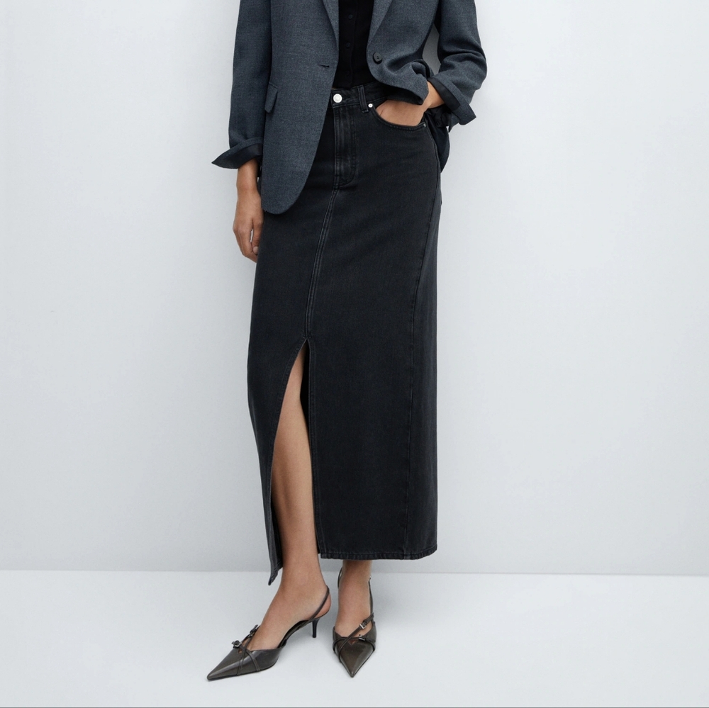 Black High-Slit Denim Midi Skirt